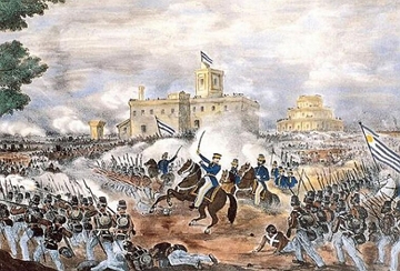 Cena de uma batalha com soldados montados em cavalos