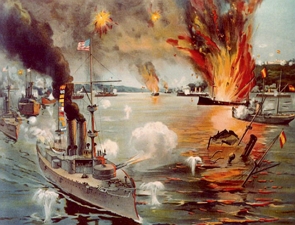 Pintura mostrando uma batalha naval