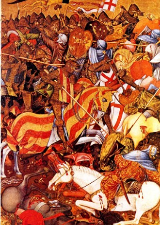 Pintura mostrando uma guerra medieval entre espanhóis e mouros durante a Reconquista Espanhola