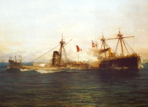 Pintura mostrando uma batalha naval entre dois navios
