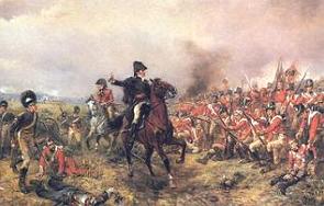 Arthur Wellesley sobre o cavalo comandando os ingleses em Waterloo