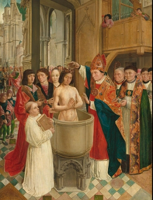 Pintura mostrando o rei franco Clóvis sendo batizado numa igreja católica
