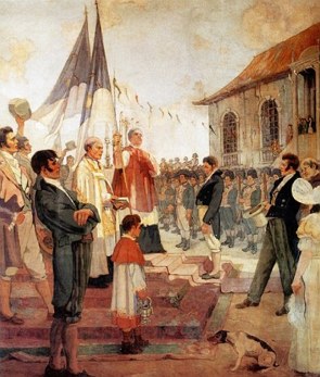 Pintura mostrando um padre benzendo a bandeira da Revolução Pernambucana