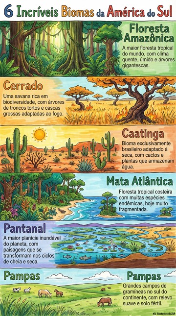 Principais biomas da América Sul Infográfico com os seis principais biomas da América Sul