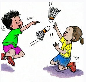 Desenho colorido mostrando duas crianças jogando peteca