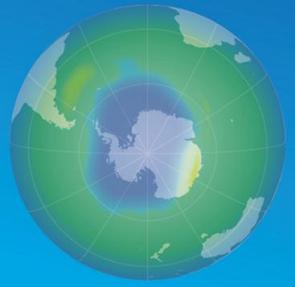 Ilustração do buraco da camada de ozônio sobre o polo Sul