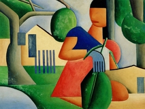 Pintura colorida mostrando uma mulher segurando uma folha de árvores com uma casa ao fundo