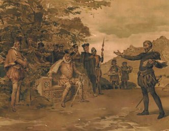 Pintura mostrando Camões lendo Os Lusíadas