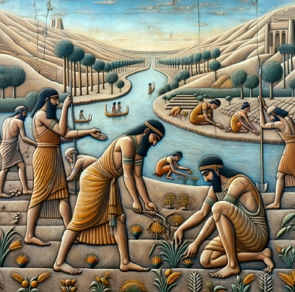 Imagem mostrando camponeses mesopotâmicos plantando nas margens do rio
