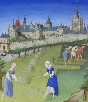 Pintura mostrando camponeses trabalhando na agricultura próximos a um castelo