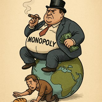 Charge sobre o Capitalismo Monopolista Charge mostrando um grande e rico capitalista sentado sobre o globo terrestre. Abaixo dele tem uma pessoa pobre pegando um pedaço de pão.