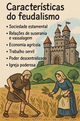 Ilustração mostrando um castelo, camponeses trabalhando e um texto com as principais características do feudalismo