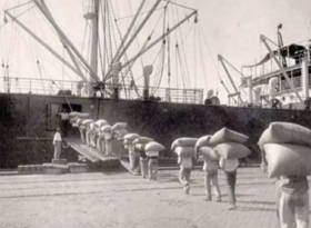 Foto antiga mostrando carregamento de café no porto de Santos