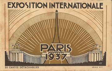 Cartaz alaranjado com a torre Eiffel desenhada no centro e um texto dizendo Exposition Internationale Paris 1937