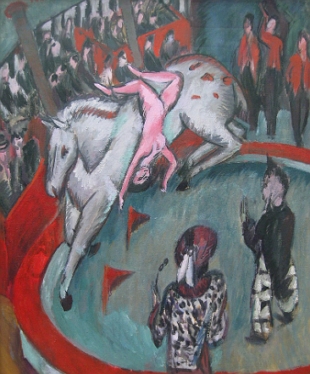 Pintura mostrando um cavaleiro fazendo malabarismos num picadeiro de circo