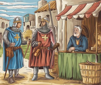 Ilustração mostrando dois cavaleiros cruzados fazendo comércio numa feira medieval