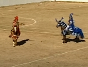 Foto mostrando dois homens montados em cavalos numa cavalhada