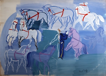 Pintura em tons de azul e vermelho mostrando v&aacute;rios cavalos num picadeiro de circo e um homem ao centro.
