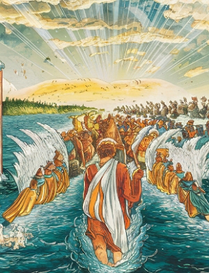 Ilustração representando a cena bíblica em que Moises abre a Mar Vermelho para a passagem de seu povo