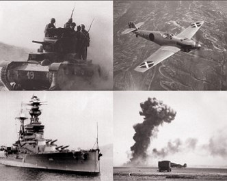 Cenas da Guerra Civil Espanhola, avião, tanque e navios de guerra