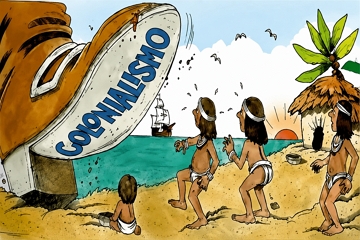 Colonialismo Charge sobre o colonialismo. Pé grande ameaçando os indígenas.