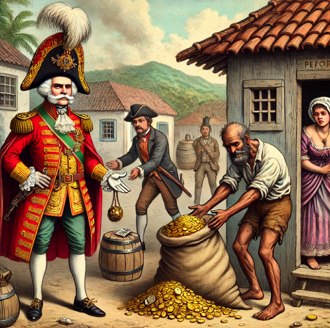 Charge sobre a cobrança de impostos na época da mineração do ouro no Brasil colonial