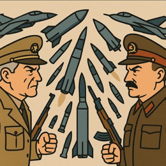 Charge mostrando um militar norte-americano ao lado de armas e um soviético também ao lado de armas.