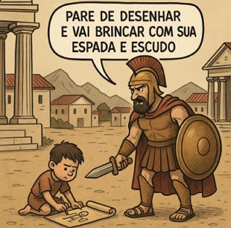 Charge mostrando soldado espartano mandando uma criança parar de desenhar para ir brincar com a espada e escudo.
