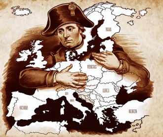 Charge histórica mostrando Napoleão abraçando o mapa da Europa