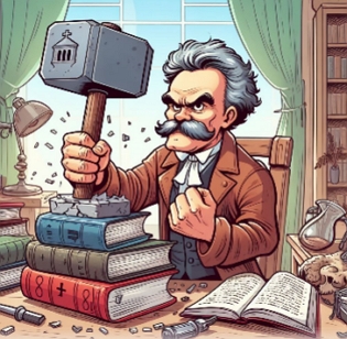 Charge representando Nietzsche com um grande martelo martelando livros