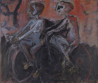 Pintura expressionista mostrando dois ciclistas