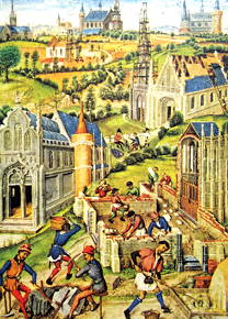 Imagem de homens trabalhando na urbanização de uma cidade medieval