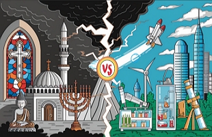 Ilustração mostrando de um lado figuras relacionadas à religião e do outro lado imagens relacionadas a ciência
