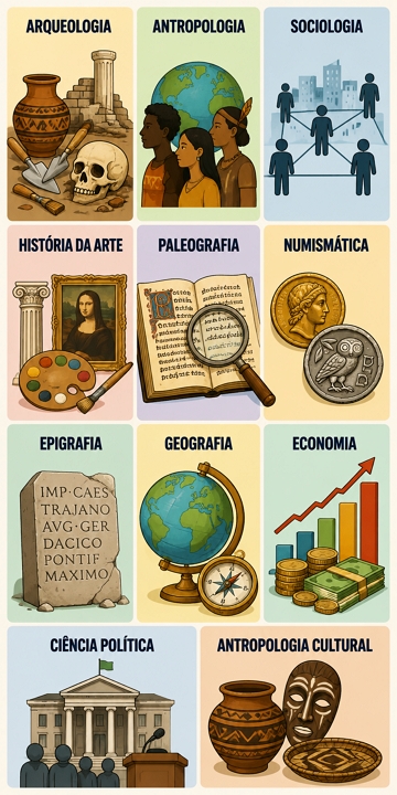 Imagem com as principais ciências e disciplinas auxiliares da História Imagem com as principais ciências e disciplinas auxiliares da História