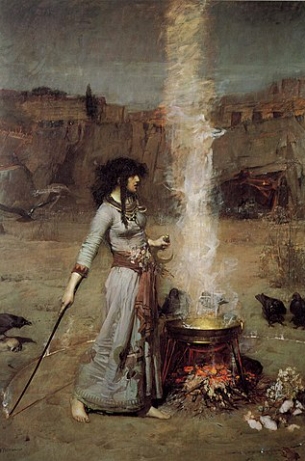 Pintura mostrando uma bruxa wicca fazendo o círculo mágico