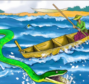 Desenho de um rio com um pescador e uma cobra gigante verde