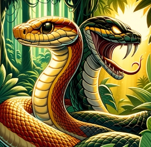 Ilustração mostrando uma cobra com cara de boa e outra com cara de malvada e perigosa