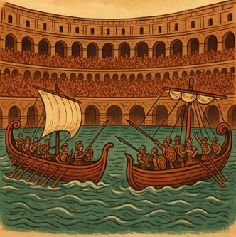 Ilustração mostrando uma batalha naval dentro do Coliseu