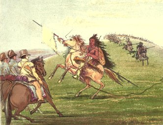 Guerreiro Comanche Pintura mostrando um guerreiro comanche em seu cavalo encontrando militares dos EUA em 1834