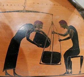 Pintura de ânfora grega mostrando comerciantes pesando mercadorias.
