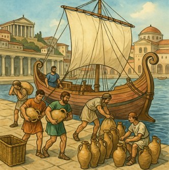 Ilustração mostrando um barco romano sendo carregado com produtos num porto de Roma Antiga
