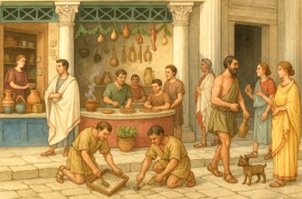 Ilustração mostrando o comércio numa rua da Roma Antiga