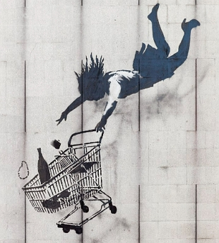 Pintura em preto e branco mostrando uma pessoa caindo junto com um carrinho de compras