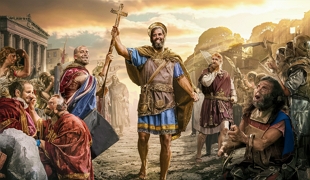 Ilustração de um cristão segurando uma cruz e convertendo romanos ao cristianismo