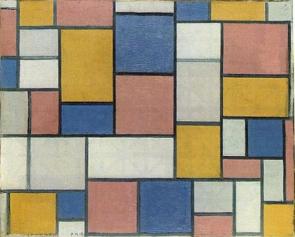 Áreas de cores brilhantes com contornos cinza, obra de Piet Mondrian