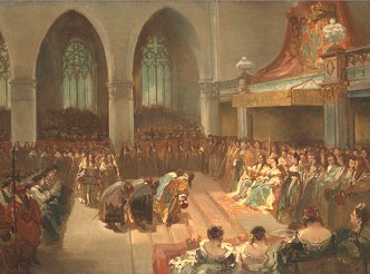 Pintura mostrando a cerimônia de Coroação de Guilherme III e Maria II