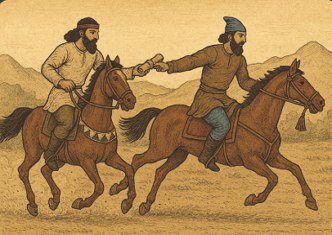 Ilustração mostrando dois cavaleiro do correio persa