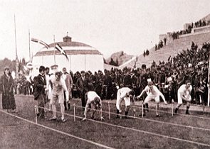 Foto da largada da corrida de 100 metros na Olimpíada de 1986