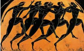 Vaso grego pintado com gregos disputando uma corrida