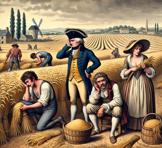 Ilustração mostrando franceses numa colheita de trigo. Eles estão decepcionados com a má colheita.
